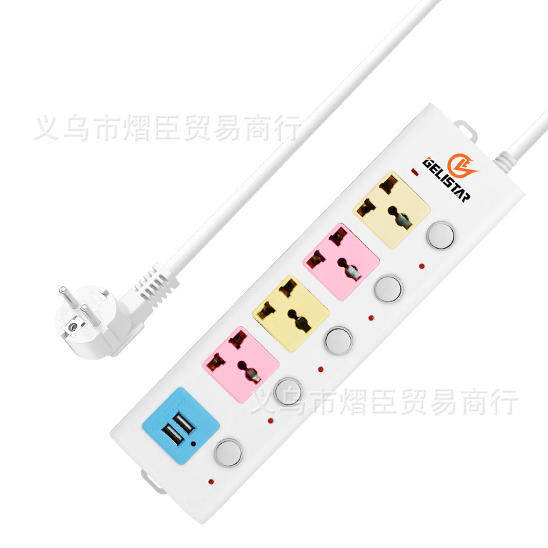 工厂直销外贸彩色面板粉黄4孔万用通用USB插排插电板长线