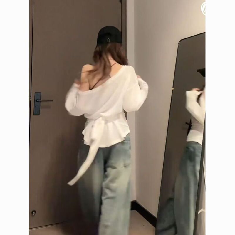 Tide Spice Girl Women's Shoulder Long-Sleeved Bottoming Temperament Blouse Spring and Summer Strap Waist Sexy Outer Wear Slim Top