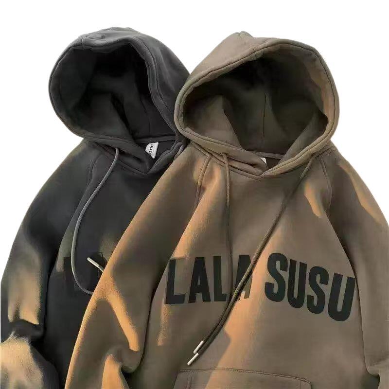 Letra japonesa impresión fleece-forrado con capucha suéter de los hombres de la marca de moda suelta estilo perezoso todo partido pareja abrigo