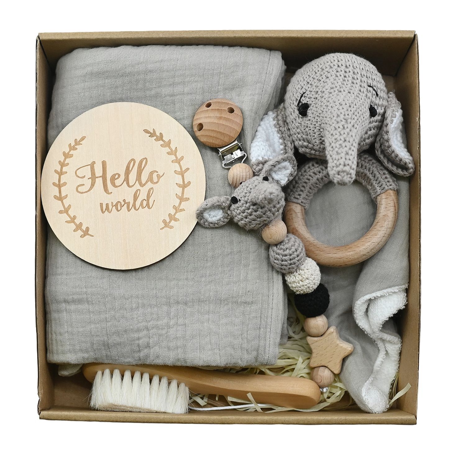 Nuevo bebé animal crochet campana de madera caja de regalo de nacimiento juego cadena de chupete bebé nacimiento luna llena regalo