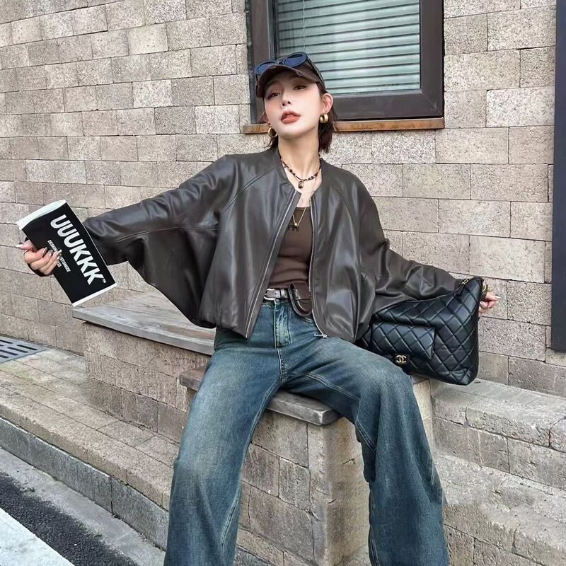 秋冬新款蝙蝠侠宽松休闲版型仿皮衣女装时尚显瘦百搭长袖pu皮上衣|undefined