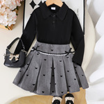 欧美秋季学院风新款黑色长袖搭配爱心印花百褶短裙时尚气质童装