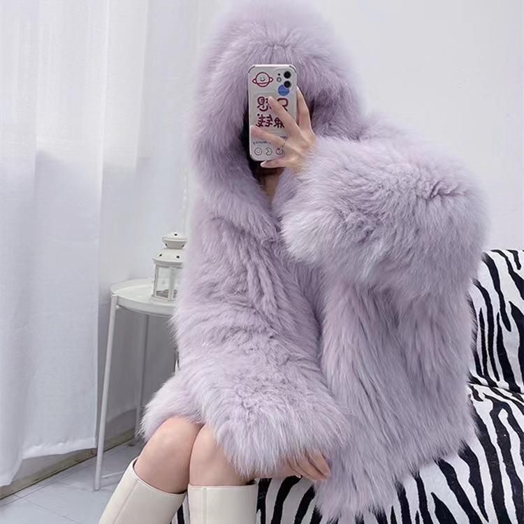 Womens Real Fox Fur Knitted Coat Hooded Bat Sleeve Baggy Jacket