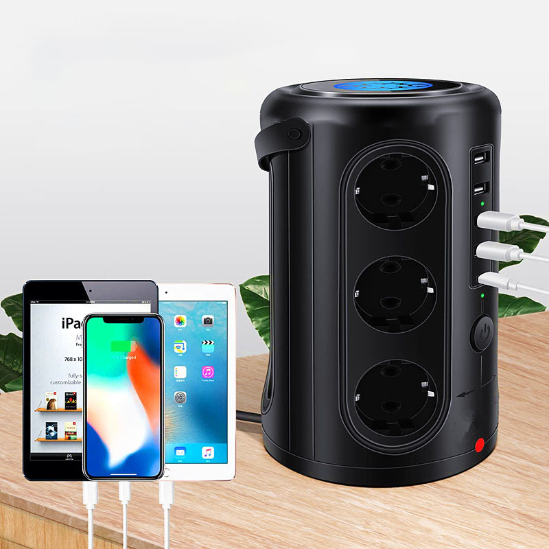 欧规塔式插座 桌面立式自带USB充电无线充功能2米线 浪涌保护电源