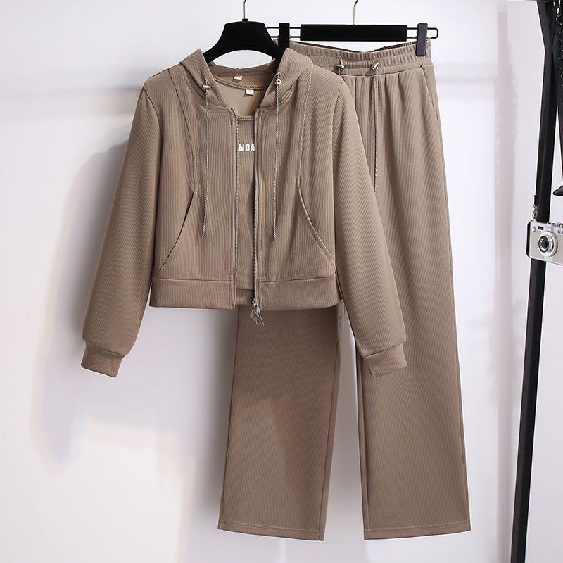 Young New Sports Wide-Leg Pants Suit for Women Spring and Autumn New Slim Hooded Cardigan Jacket Three-Piece Set
