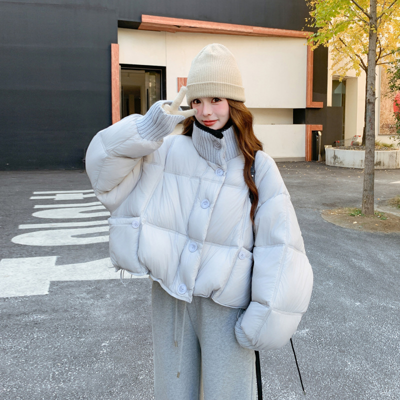 Light Blue Knitted Patchwork Short down Jacket for Women, Winter 2025 New Style, Petite Puffer Jacket with 90% White Duck down Light Blue Knitted Patchwork Short down Jacket for Women, Winter 2025 New Style, Petite Puffer Jacket with 90% White Duck down