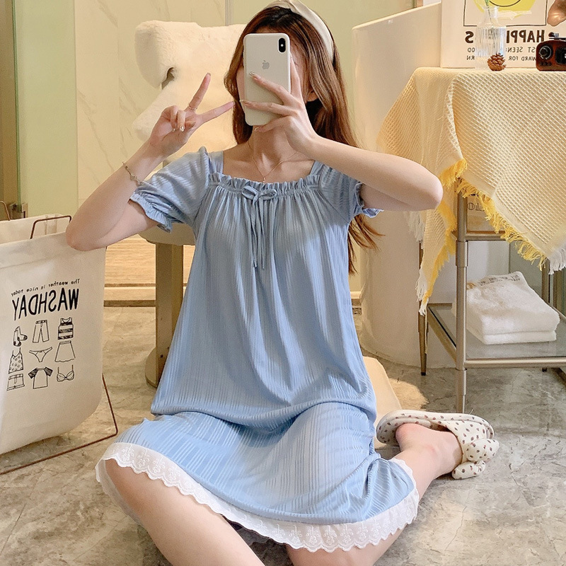 Verano delgado lindos pijamas bonitos rasgos de encaje un cuello de manga corta pijama vestido para el hogar de mujeres