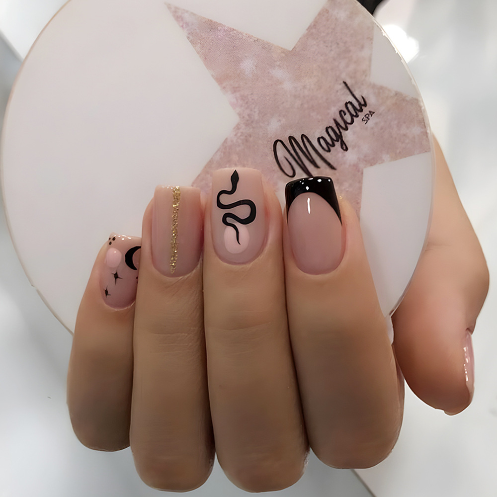 Transfronterizo universal negro serpiente simple usar uñas polvo de oro francés brillante color desnudo 24 piezas de uñas directamente image 1