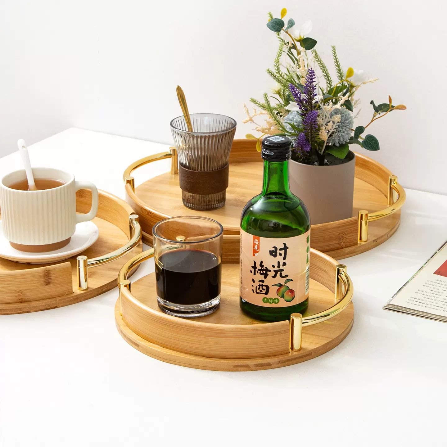 简约圆形带提手茶具托盘家用高级感竹制茶盘餐厅厨房糕点水果托盘