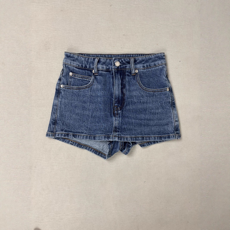 Women's Aw Washed Blue Micro-Elastic High Waist Straight-Leg Slim Boyfriend Style Fake Two-Piece Denim Half Skirt Shorts