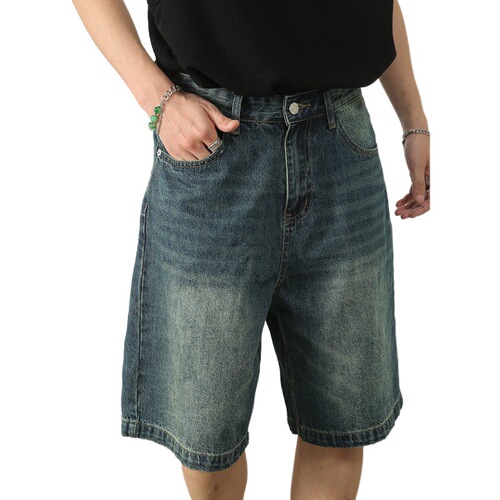 Summer new American retro distressed blue denim shorts men's loose straight-leg five-pocket pants versatile hot pants trendy brand