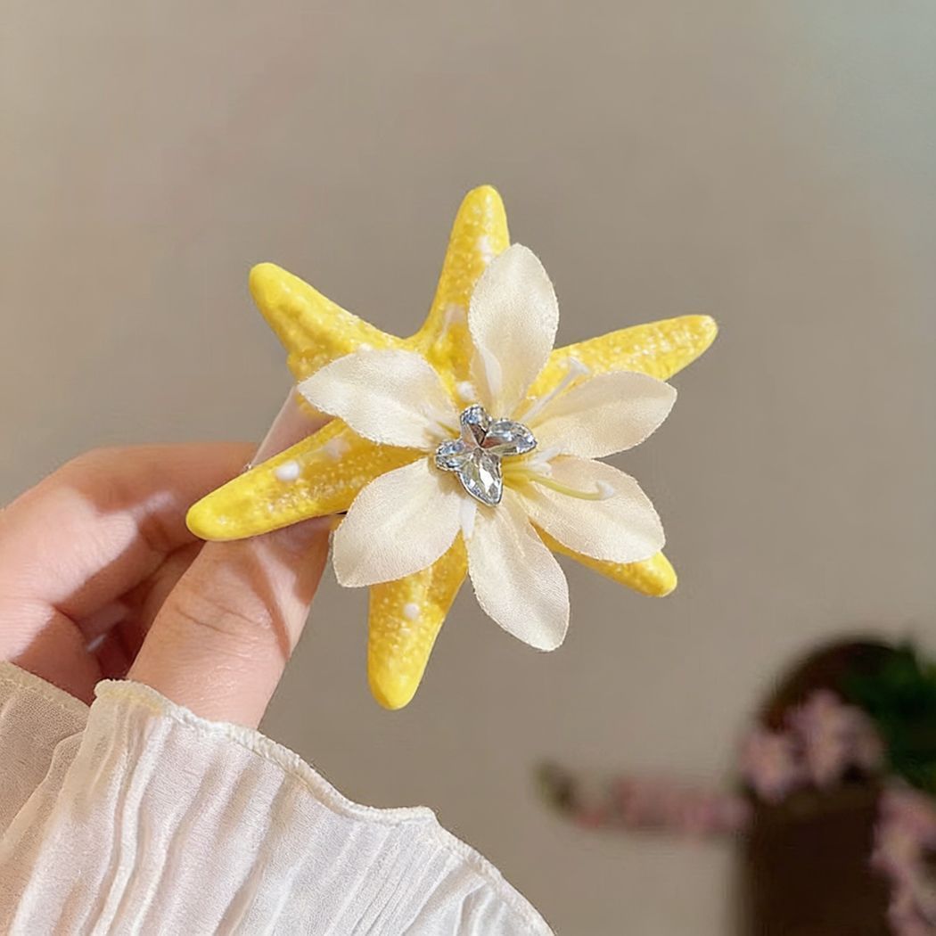 6번 레몬 불가사리 꽃 모양 큐빅 옐로우 헤어 클립 약 5.5cm