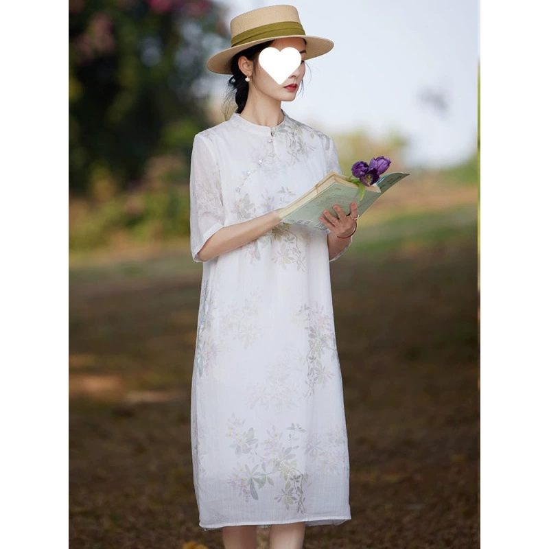 Этнический стиль, элегантное и простое, свободное утягивающее платье из рами с цветочным принтом, свежая и художественная длинная юбка на пуговицах в китайском стиле.