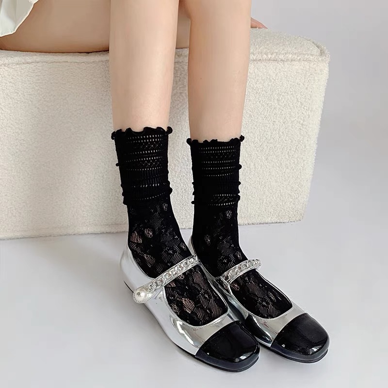 Socks Women's Summer Thin Lace Lace Socks Korean-style Sweet-style Hollow Mesh Piled Socks with Small Leather Shoes