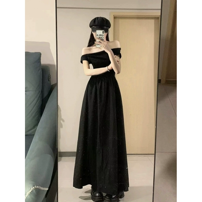 Черное платье во французском стиле Хепберн, новое летнее платье с открытыми плечами и талией средней длины, с открытыми плечами