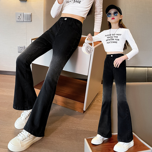Kids' Fall Pants - Loose Straight Leg Casual Gradient Bell Bottoms for Girls - Stylish Black Denim Jeans Wholesale