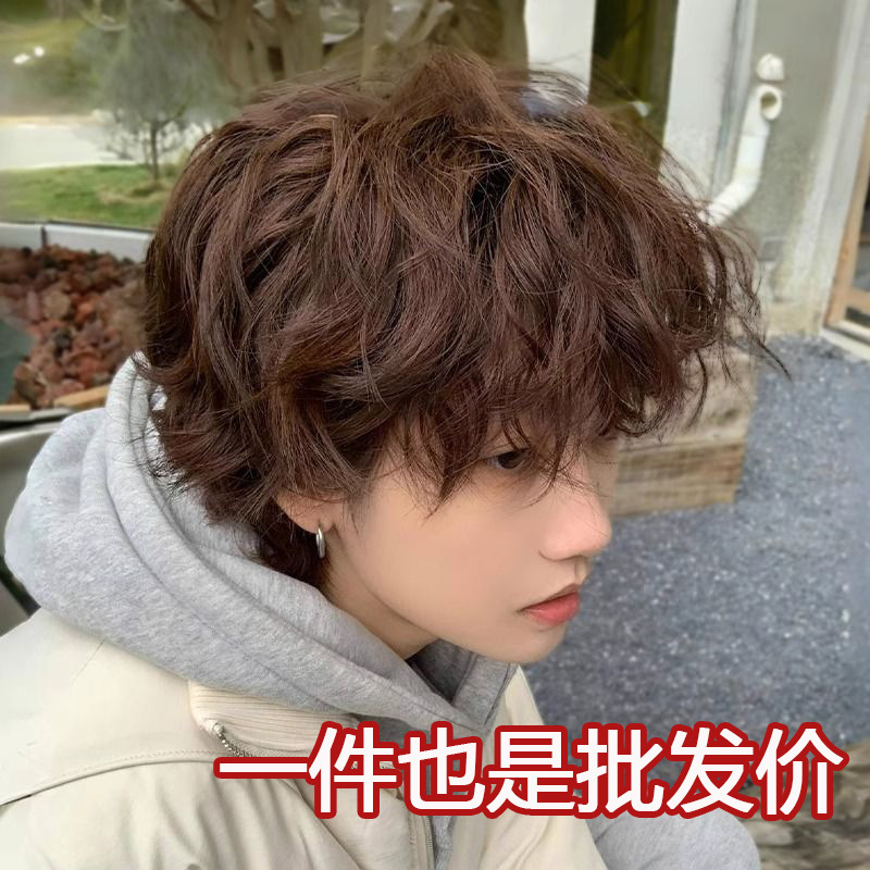 Men's Short Curly Wool Wig Japanese Style Foil Perm Leslie Curls Natural Fluffy Men's Synthetic Full Wig