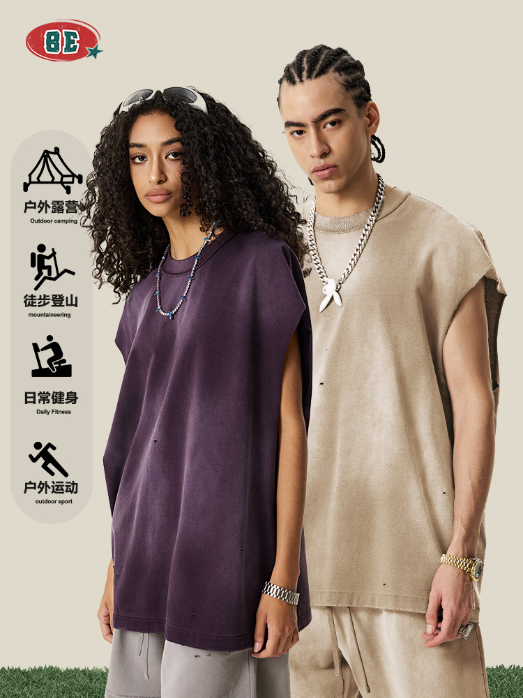 BEメンズ | 2025夏のアメリカのファッションブランドのレトロな古い肩を切ってベストを切った男性スポーツのノースリーブ男性tシャツ