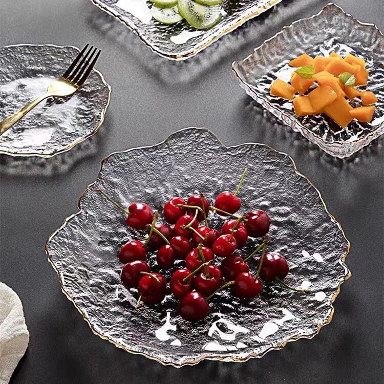 Simple Ins Style Transparent Phnom Penh Ice Dew Glass Fruit Plate High Color Value Flower Plate suit Hammer Pattern Dinner Plate for Home