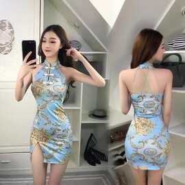 网红直播衣服女主播服装上镜性感改良印花礼服旗袍收腰连衣短裙夏