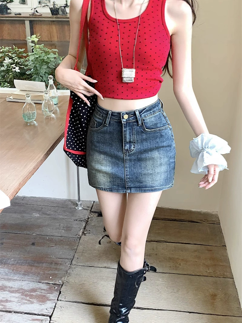 Retro summer denim skirt, protective underware, plus size, high waist