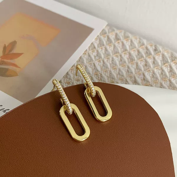 Cross-Border Popular Micro-Inlaid Zircon Chain Earrings for Women, Simple and Fashionable, Unique Two-Section Double Buckle Link Earrings