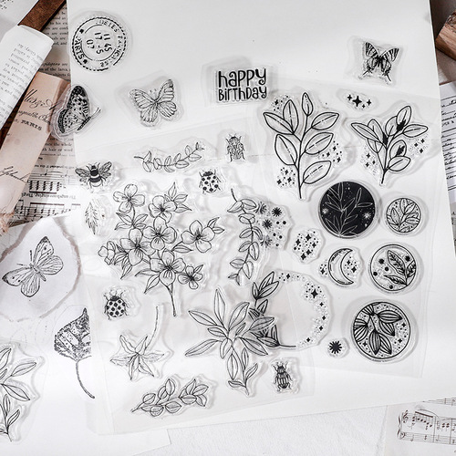 Yuezhen retro silicone transparent seal handbook DIY decorative material set English digital plant stamp stamp