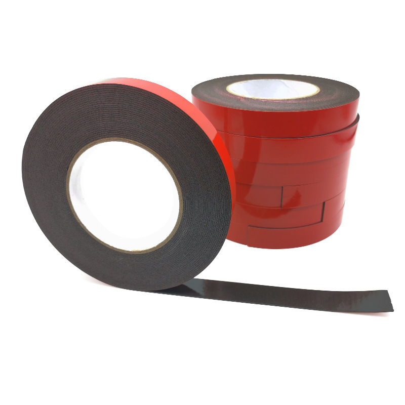 Venta directa de fábrica, cinta adhesiva de espuma de doble cara de PE negra con película roja de 1 mm de alta adherencia, insonorizante y amortiguadora, con reverso adhesivo, cinta de doble cara para automoción.