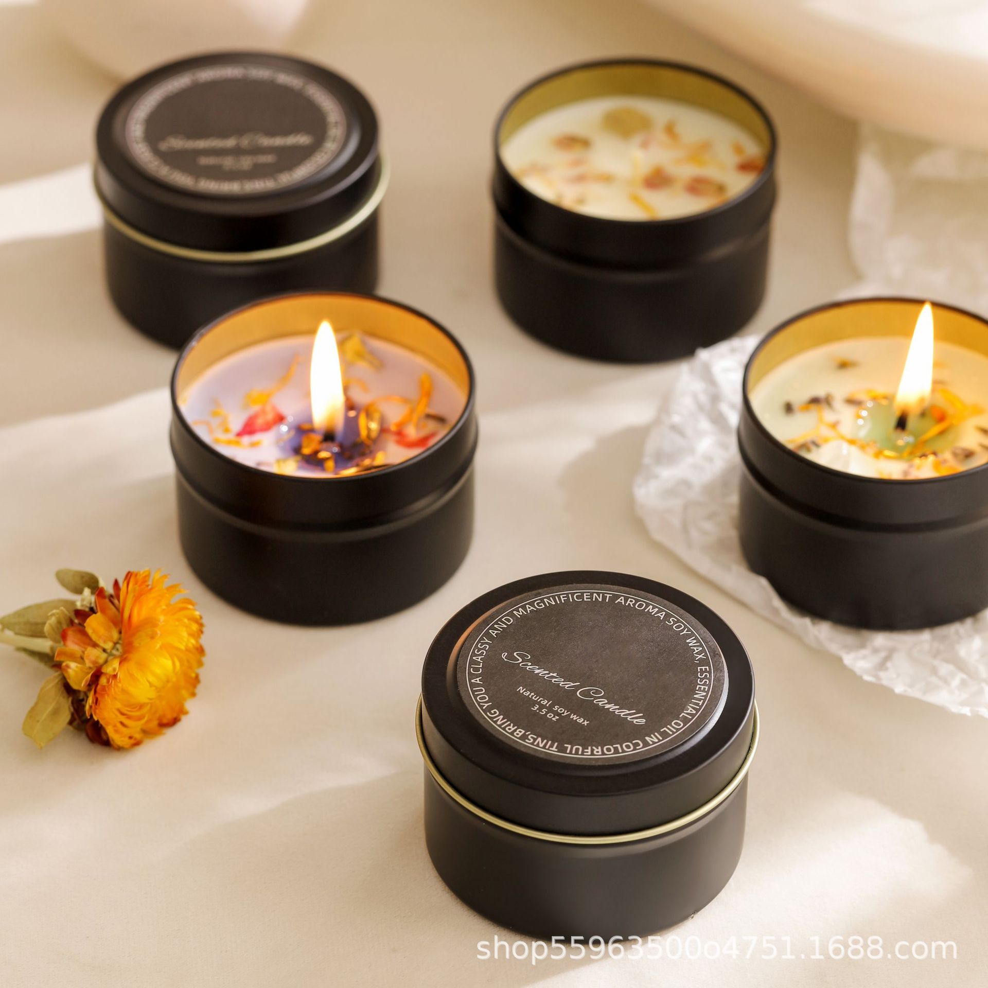 Flores secas incienso adornos de cera de cera de soja de alta calidad mujer lata de hierro perfume regalo de mano caja de regalo de aceite esencial vegetal al por mayor