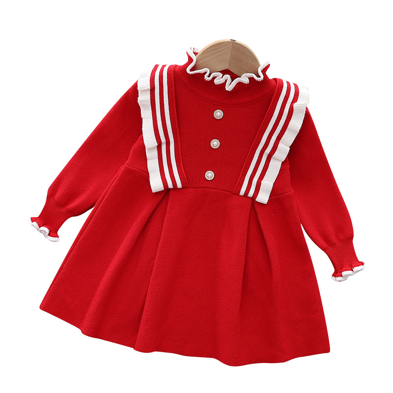 Automne et hiver filles laine bord d'oreille en bois col rond à manches longues robe de princesse petite fille 90-130 taille Western_voghion.com