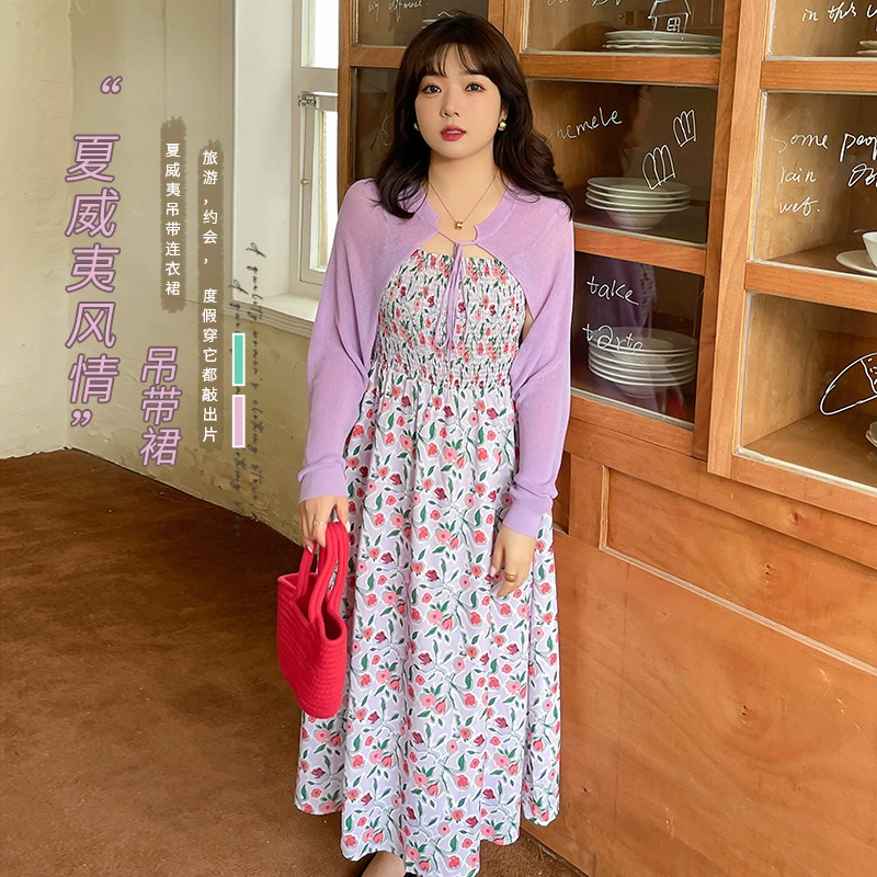 Yinuo женское платье для похудения с французской талией больших размеров, элегантное нежное платье с цветочным принтом на бретельках 310605T22