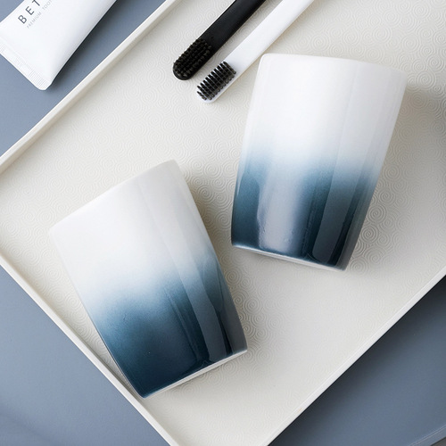 Gradient Gray Ceramic Bathroom Set of Five, Couples Toothbrush and Mouthwash Cup Set, Bathroom Accessories with Tray