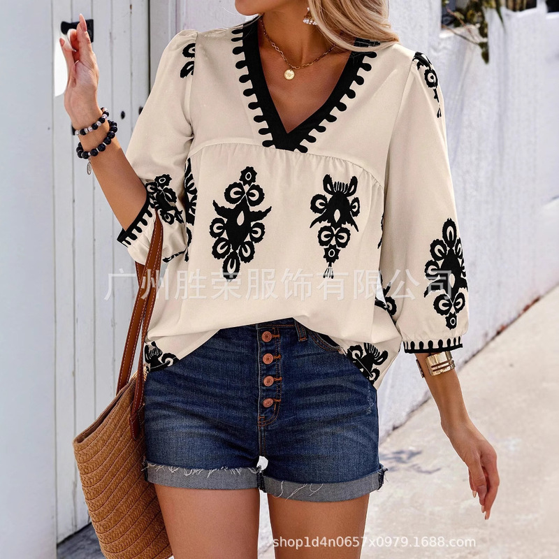 2025 New Cross-border Foreign Trade European and American Women's in stock Amazon Summer in stock Short-sleeved Digital Printed V-neck T-shirt