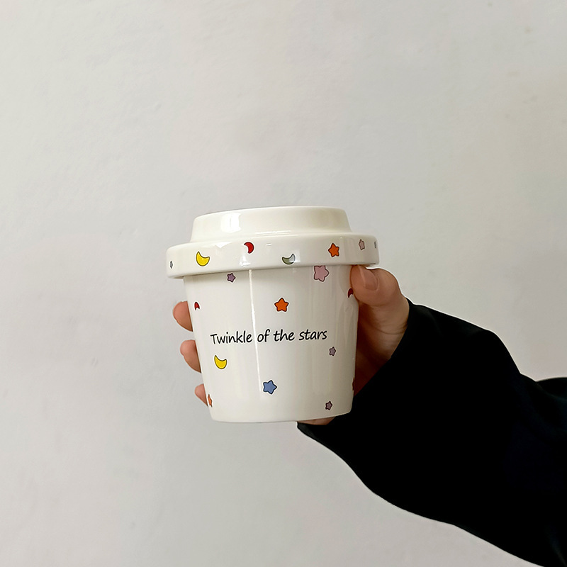 かわいいクリーム色のセラミックハンドカップスタームーンチェリーカップ高価値カップクリエイティブホームカップニッチ|undefined