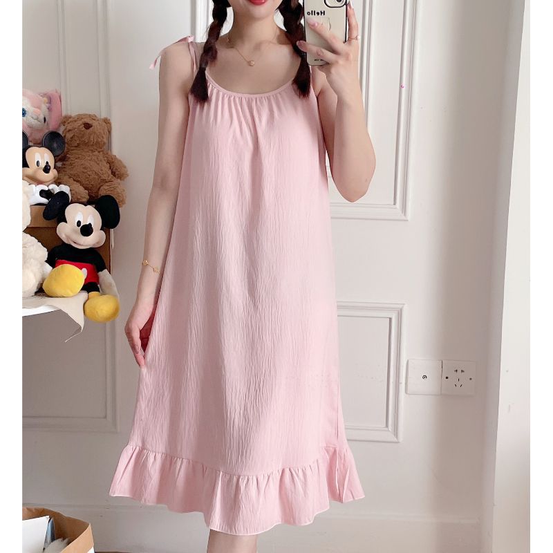Camisón de tirantes de algodón de nube para mujer, ropa de hogar de color sólido de longitud media, pijamas sueltos para niña, verano para mujer