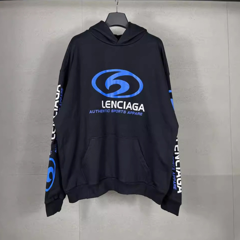 High Version 24Ss New Paris B Home Surf Crack Pattern Letter Print Worn Distressed Hooded Sweatshirt for Men