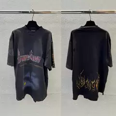 High Version Balenciaga Iron Tower Washed Distressed Logo Short Sleeve T-Shirt Unisex Loose OS Tee