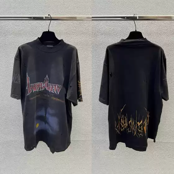High Version Balenciaga Iron Tower Washed Distressed Logo Short Sleeve T-Shirt Unisex Loose OS Tee