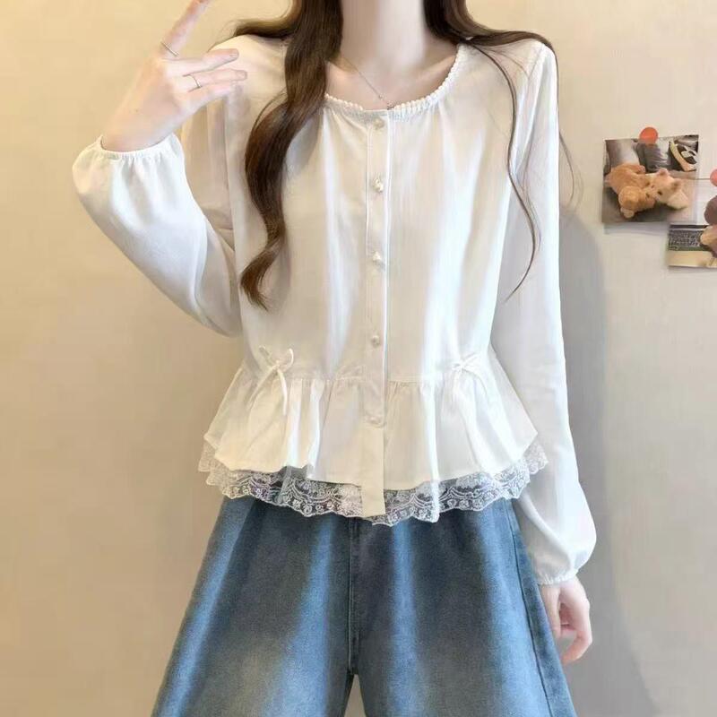 Casual Patchwork Lace Round Neck 2026 Spring New Style Sweet and Youthful French-Style Shirt for Women in White and Light Blue Casual Patchwork Lace Round Neck 2026 Spring New Style Sweet and Youthful French-Style Shirt for Women in White and Light Blue