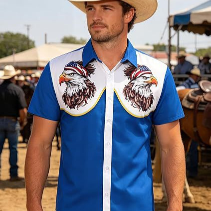 Summer Men's Clothing, Western Style, Fun Printed Short-Sleeved Shirt, Denim Cat Pattern, Contrasting Color Lapel Shirt