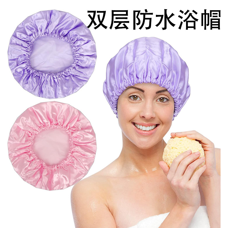 Gorro de ducha de Amazon transfronterizo de doble capa impermeable de las mujeres Home baño a prueba de humo cuidado del cabello quimioterapia espesado PEVA al por mayor