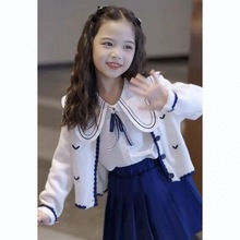 女童套装春秋装2024新款韩版儿童针织外套jk制服学院风裙子三件套