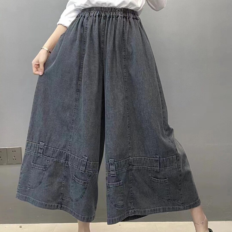 Plus size wide-leg jeans for women spring and summer new chubby girl loose skirt pants slimming versatile elastic waist cropped pants