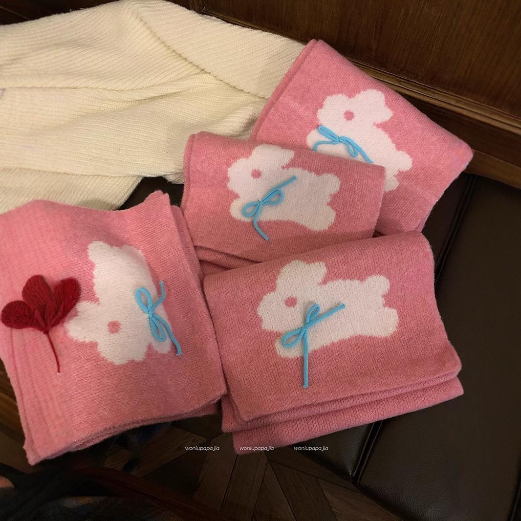 Winter 2024 New Warm Knitted Female Cute Rabbit Bow Leisure Outdoor Windproof and Cold resistant Scarf_voghion.com