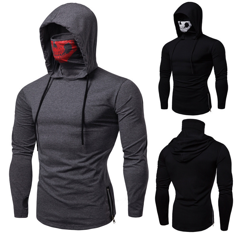 Cross-border Amazon hooded T-shirt men's stretch fitness Halloween men's long-sleeved T-shirt skull mask design coat