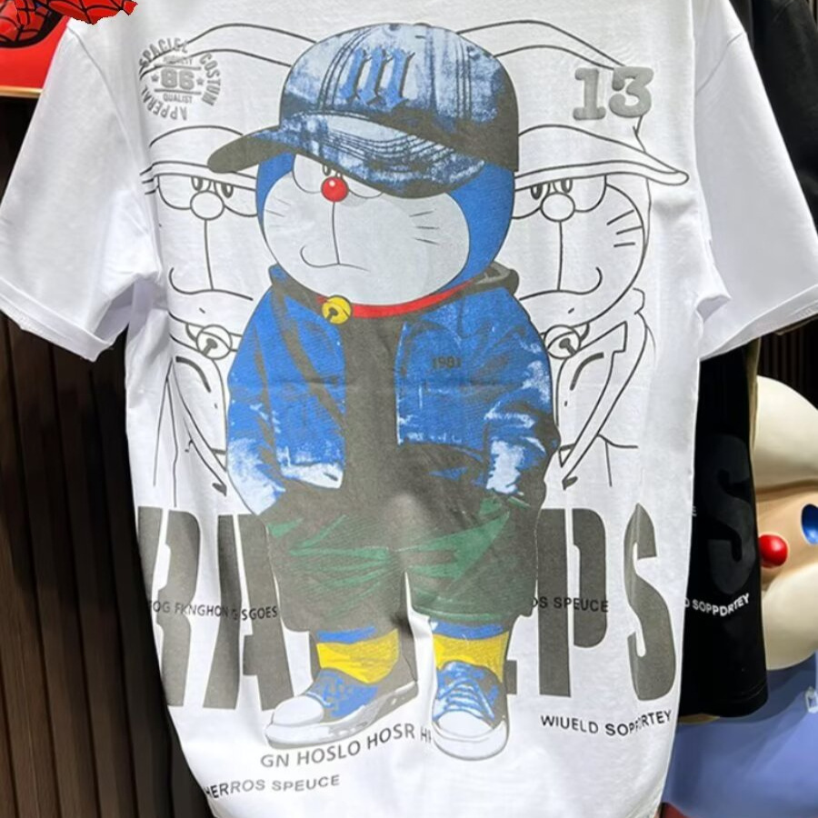 Marca de moda impresión de dibujos animados camiseta de manga corta para hombres verano camiseta de cuello redondo de media manga adolescente ropa casual suelta