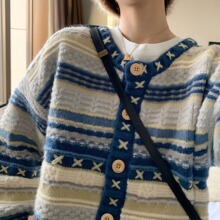 海洋星复古重工毛衣外套女开衫秋冬新款宽松慵懒风设计感针织衫潮