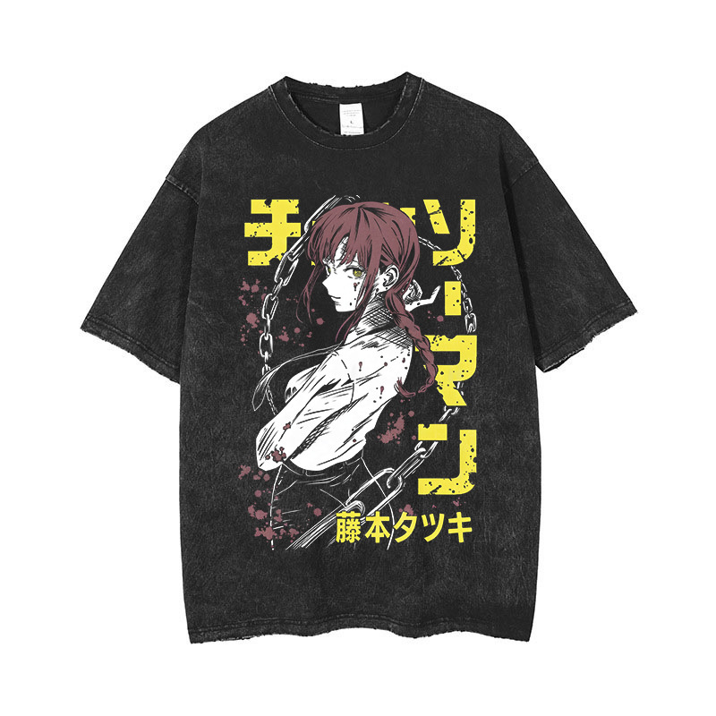 Anime Chainsaw T-shirt Retro Vintage Washed Print T-shirt Men's Harajuku Cotton Casual Snowflake Short-sleeved T-shirt