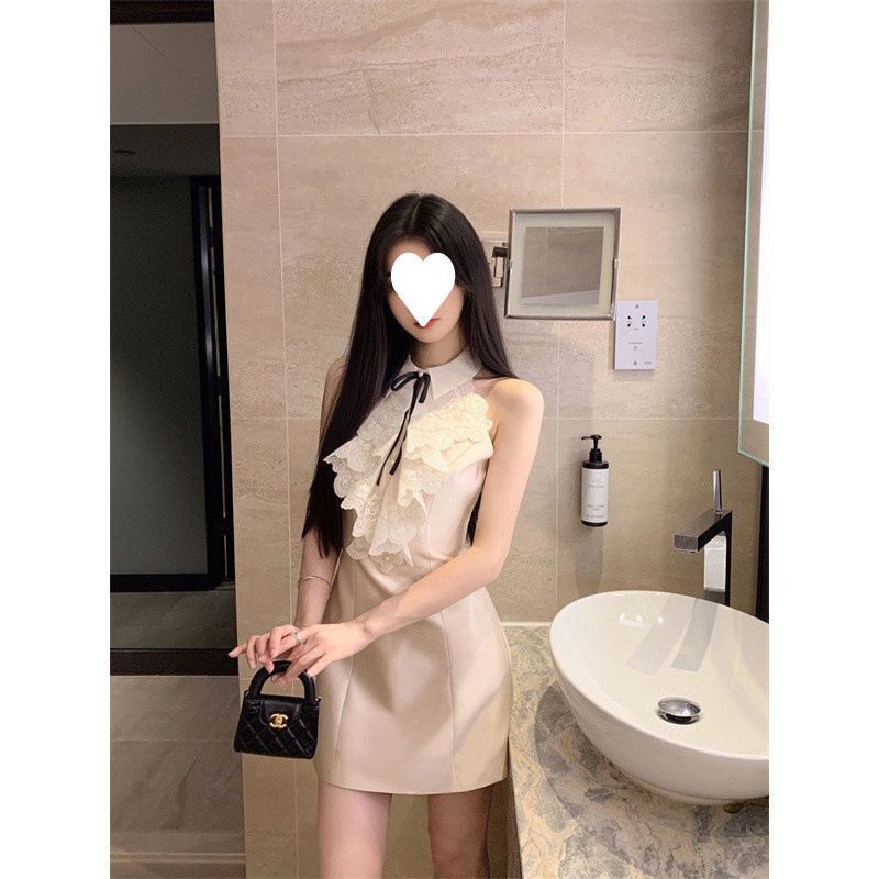 法式纯欲千金风蕾丝拼接挂脖连衣裙夏季新款气质收腰短字裙子女|undefined