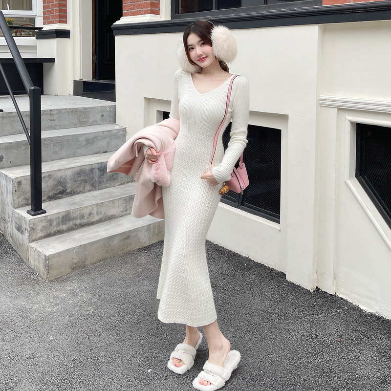 Raccoon Wool Twist Fishtail Knitted Dress Women's Winter New Mid-Length Sweater Skirt